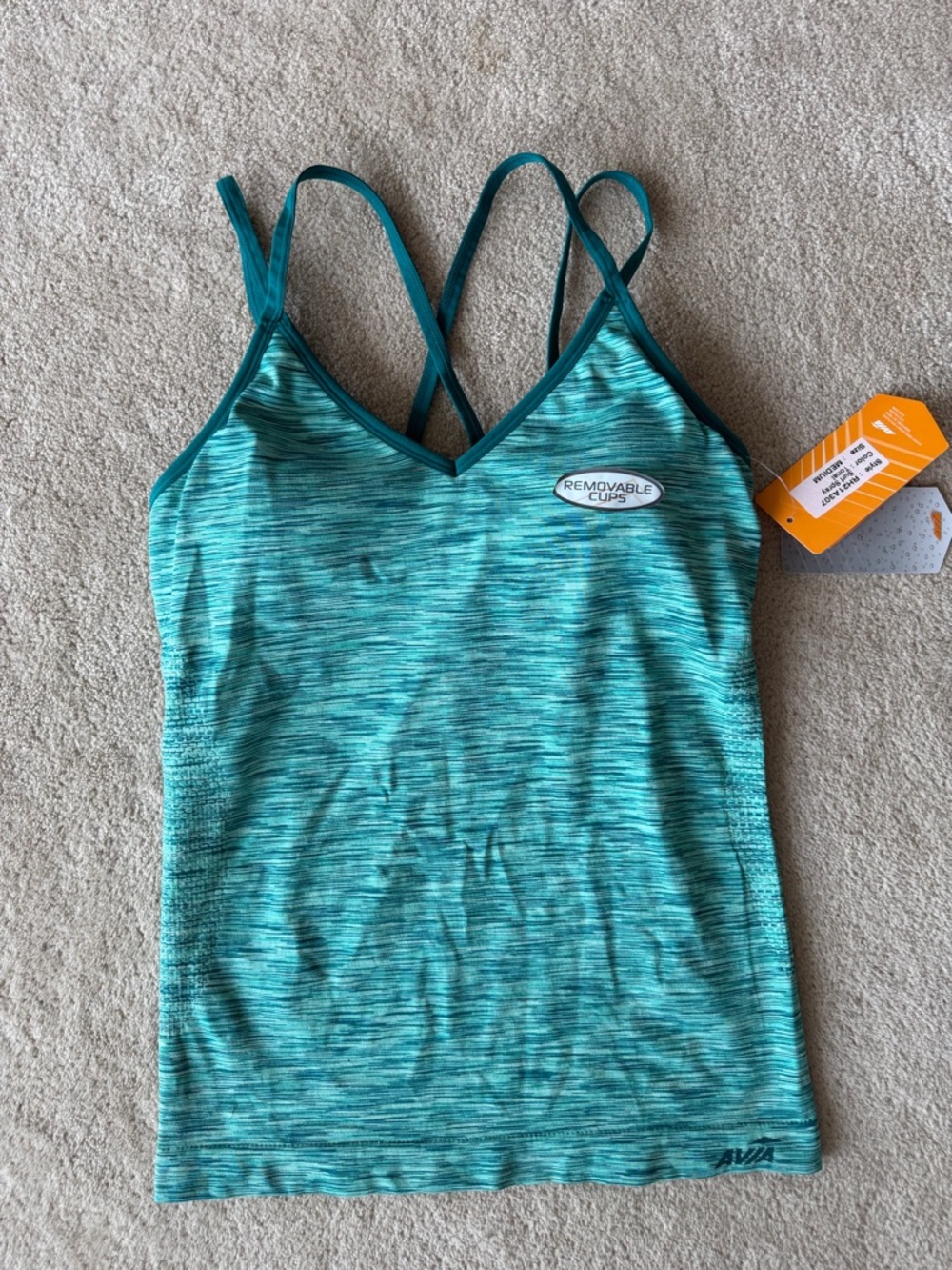 NWT Avia Teal Space-Dye Strappy Tank with Removable Cups